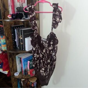 Free People Floral Print Bodysuit in Dark Brown/Maroon